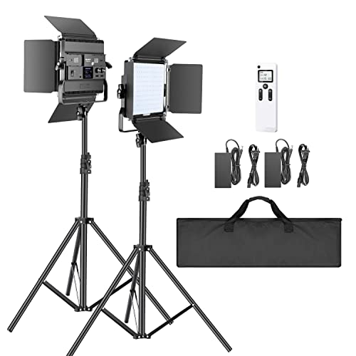 NEEWER 2 Pack Bi Color 660 LED Video Light and Stand Kit: (2) 3200-5600K CRI 96+ Dimmable Light with U Bracket and Barndoor, (2) 75 inches Light Stand for Studio Photography, Video Recording (Black)