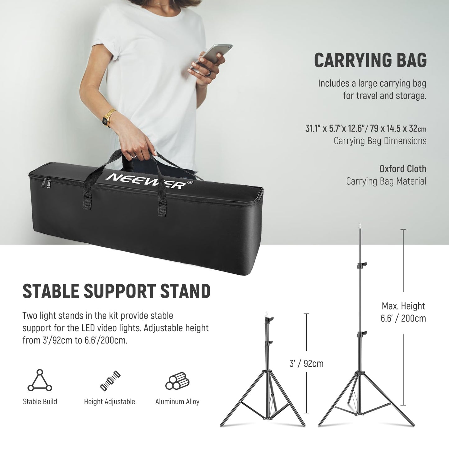 NEEWER 2 Pack Bi Color 660 LED Video Light and Stand Kit: (2) 3200-5600K CRI 96+ Dimmable Light with U Bracket and Barndoor, (2) 75 inches Light Stand for Studio Photography, Video Recording (Black)