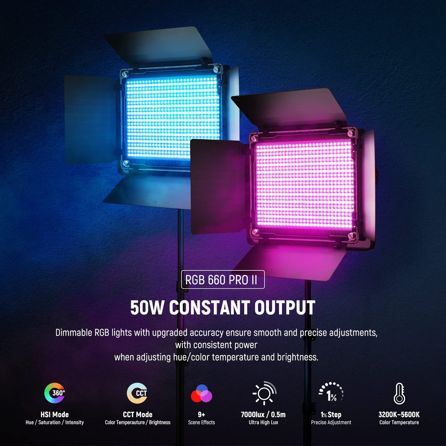 NEEWER 2 Pack Bi Color 660 LED Video Light and Stand Kit: (2) 3200-5600K CRI 96+ Dimmable Light with U Bracket and Barndoor, (2) 75 inches Light Stand for Studio Photography, Video Recording (Black)