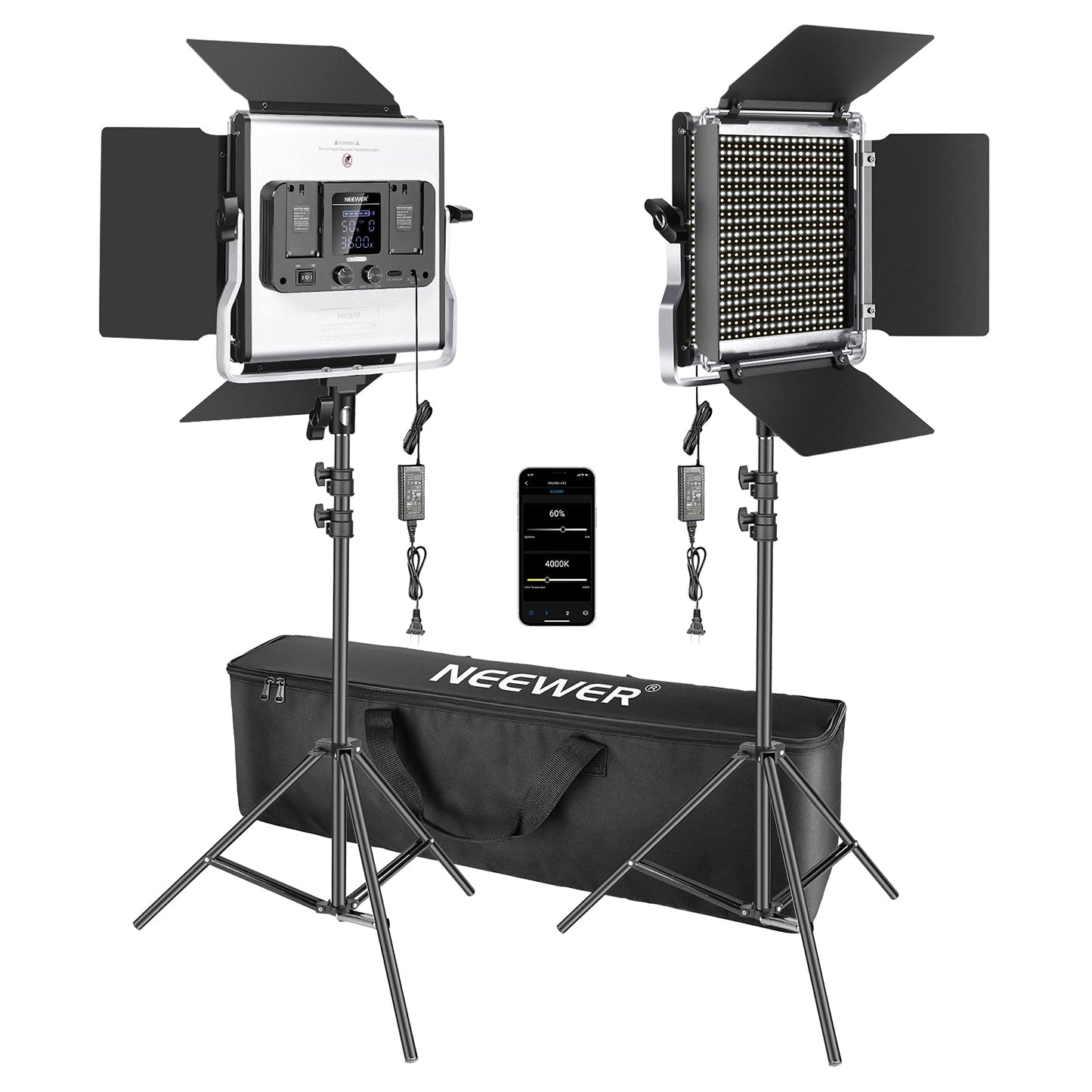 NEEWER 2 Pack Bi Color 660 LED Video Light and Stand Kit: (2) 3200-5600K CRI 96+ Dimmable Light with U Bracket and Barndoor, (2) 75 inches Light Stand for Studio Photography, Video Recording (Black)