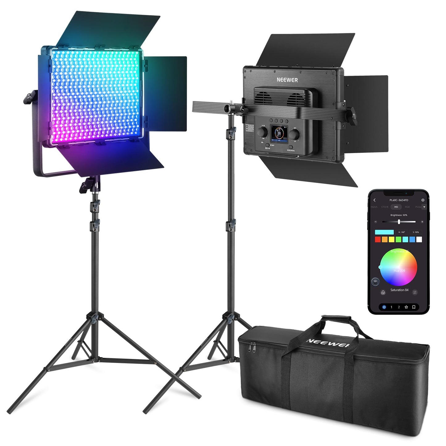 NEEWER 2 Pack Bi Color 660 LED Video Light and Stand Kit: (2) 3200-5600K CRI 96+ Dimmable Light with U Bracket and Barndoor, (2) 75 inches Light Stand for Studio Photography, Video Recording (Black)