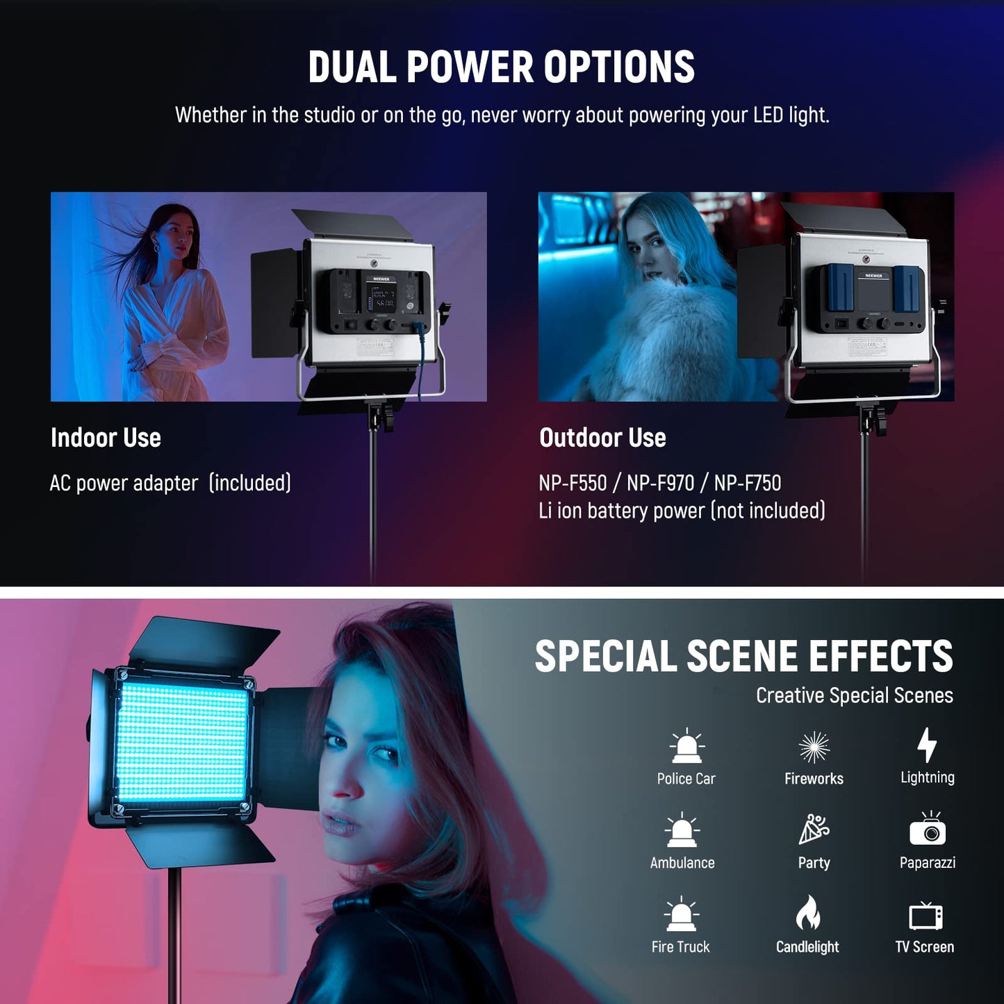 NEEWER 2 Pack Bi Color 660 LED Video Light and Stand Kit: (2) 3200-5600K CRI 96+ Dimmable Light with U Bracket and Barndoor, (2) 75 inches Light Stand for Studio Photography, Video Recording (Black)