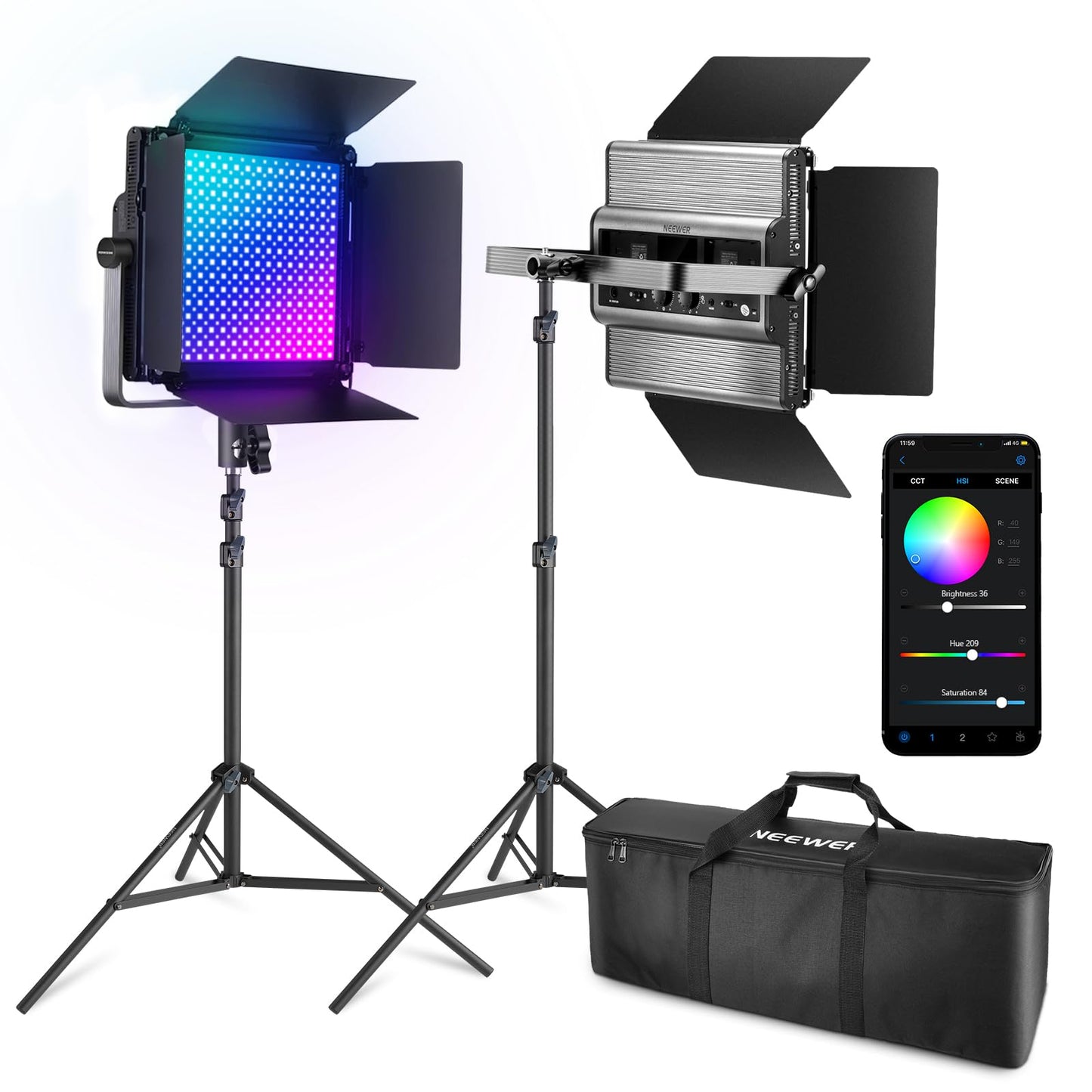 NEEWER 2 Pack Bi Color 660 LED Video Light and Stand Kit: (2) 3200-5600K CRI 96+ Dimmable Light with U Bracket and Barndoor, (2) 75 inches Light Stand for Studio Photography, Video Recording (Black)