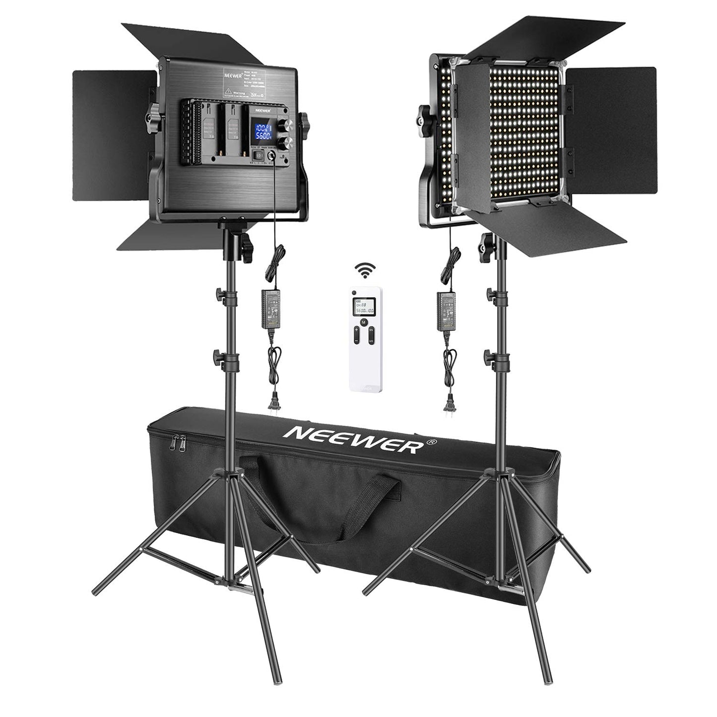 NEEWER 2 Pack Bi Color 660 LED Video Light and Stand Kit: (2) 3200-5600K CRI 96+ Dimmable Light with U Bracket and Barndoor, (2) 75 inches Light Stand for Studio Photography, Video Recording (Black)
