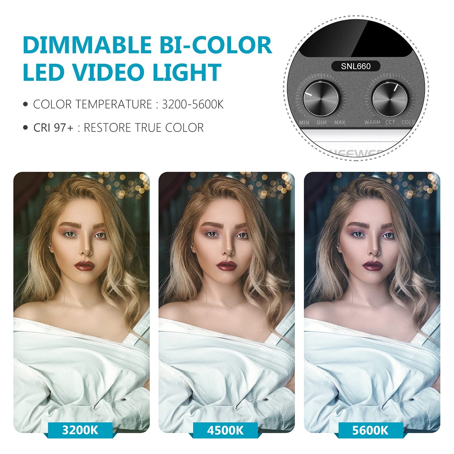 NEEWER 2 Pack Bi Color 660 LED Video Light and Stand Kit: (2) 3200-5600K CRI 96+ Dimmable Light with U Bracket and Barndoor, (2) 75 inches Light Stand for Studio Photography, Video Recording (Black)