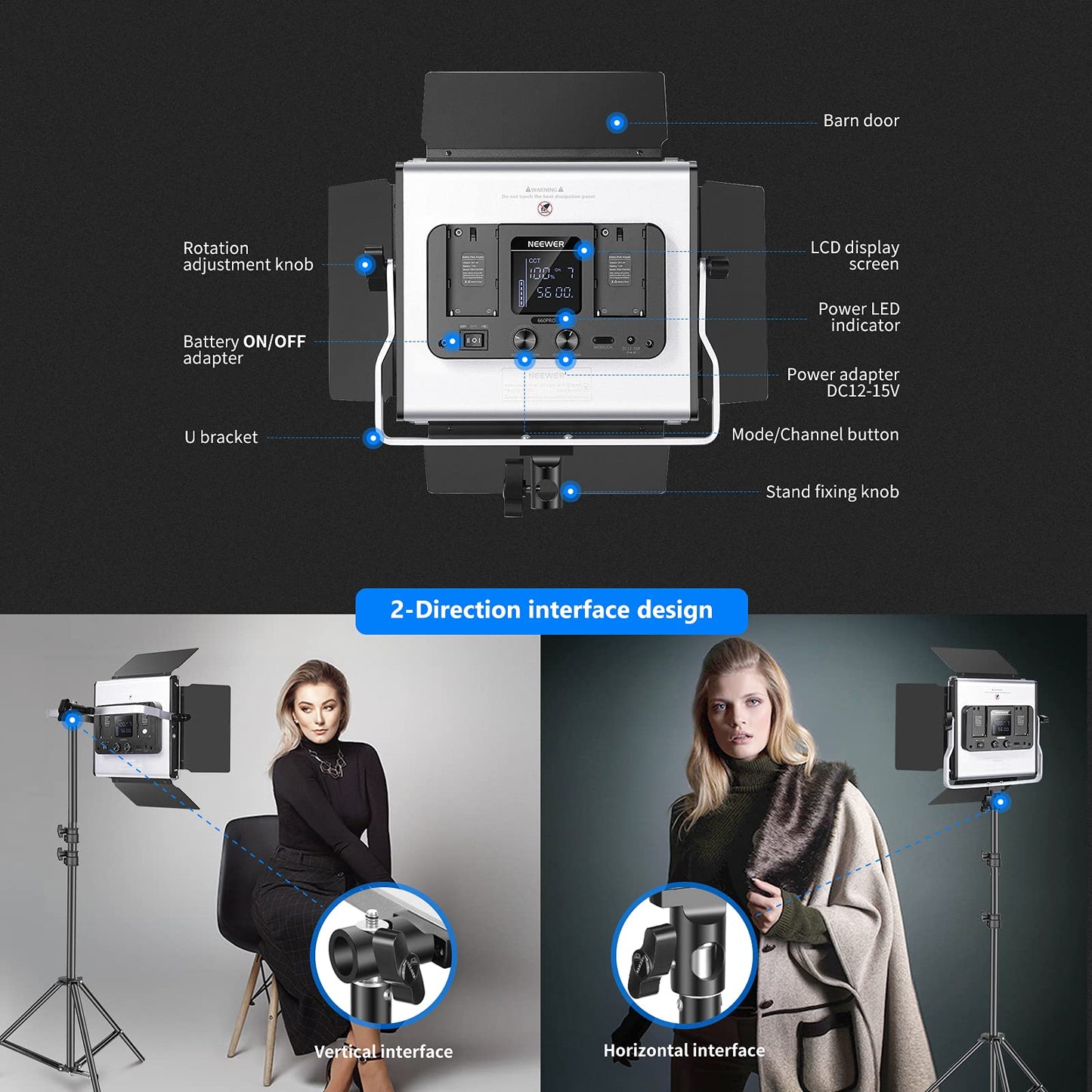 NEEWER 2 Pack Bi Color 660 LED Video Light and Stand Kit: (2) 3200-5600K CRI 96+ Dimmable Light with U Bracket and Barndoor, (2) 75 inches Light Stand for Studio Photography, Video Recording (Black)