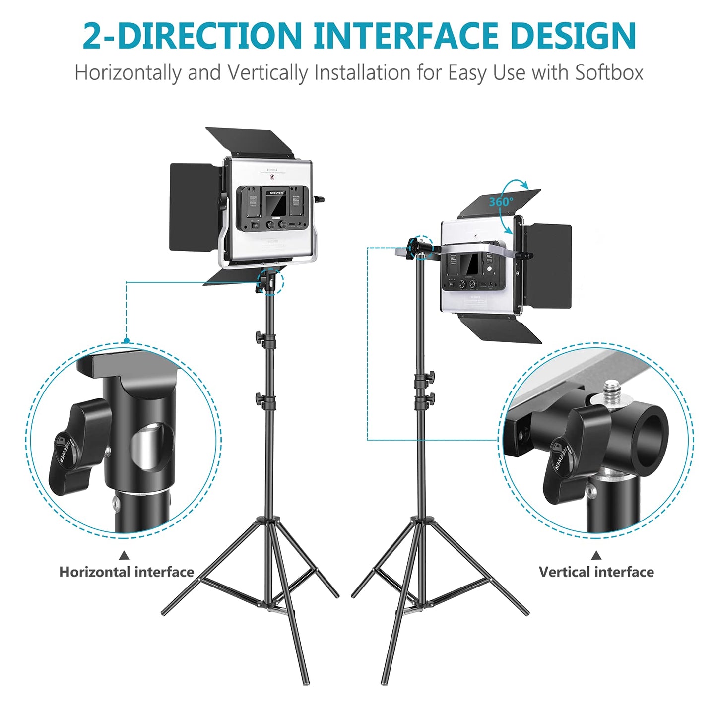 NEEWER 2 Pack Bi Color 660 LED Video Light and Stand Kit: (2) 3200-5600K CRI 96+ Dimmable Light with U Bracket and Barndoor, (2) 75 inches Light Stand for Studio Photography, Video Recording (Black)