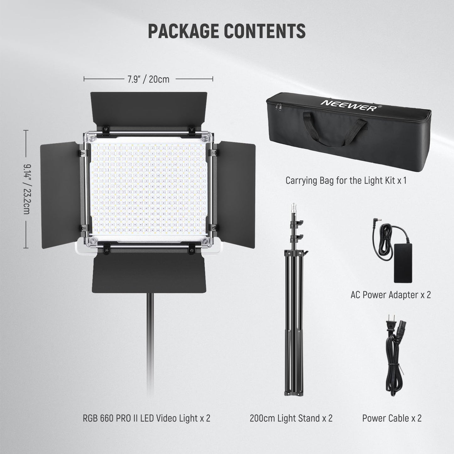 NEEWER 2 Pack Bi Color 660 LED Video Light and Stand Kit: (2) 3200-5600K CRI 96+ Dimmable Light with U Bracket and Barndoor, (2) 75 inches Light Stand for Studio Photography, Video Recording (Black)
