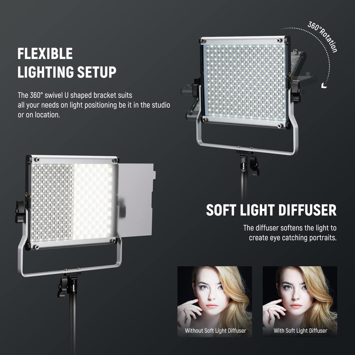 NEEWER 2 Pack Bi Color 660 LED Video Light and Stand Kit: (2) 3200-5600K CRI 96+ Dimmable Light with U Bracket and Barndoor, (2) 75 inches Light Stand for Studio Photography, Video Recording (Black)