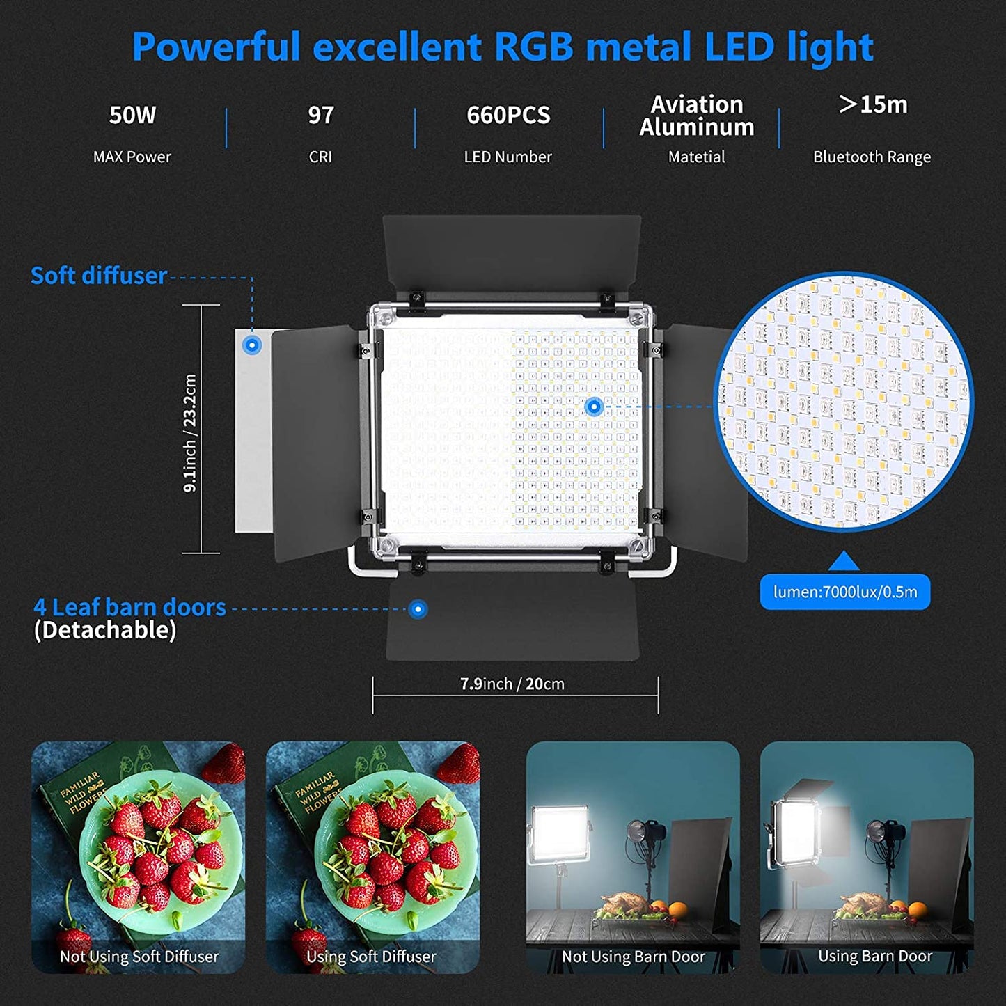 NEEWER 2 Pack Bi Color 660 LED Video Light and Stand Kit: (2) 3200-5600K CRI 96+ Dimmable Light with U Bracket and Barndoor, (2) 75 inches Light Stand for Studio Photography, Video Recording (Black)