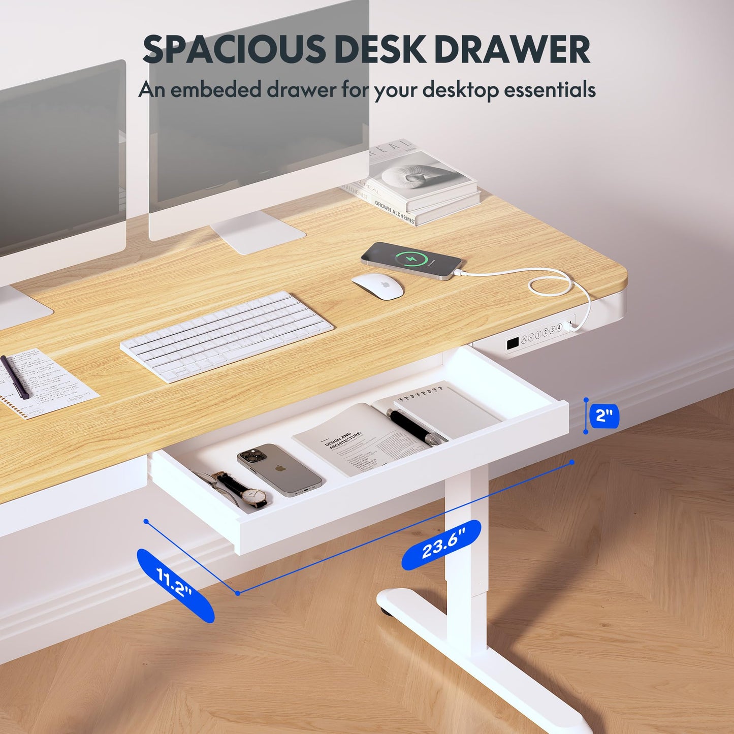 FLEXISPOT Comhar Electric Standing Desk with Drawers Charging USB A to C Port, Height Adjustable 48" Whole-Piece Home Office Computer Laptop Table with Storage (White Top + Frame)