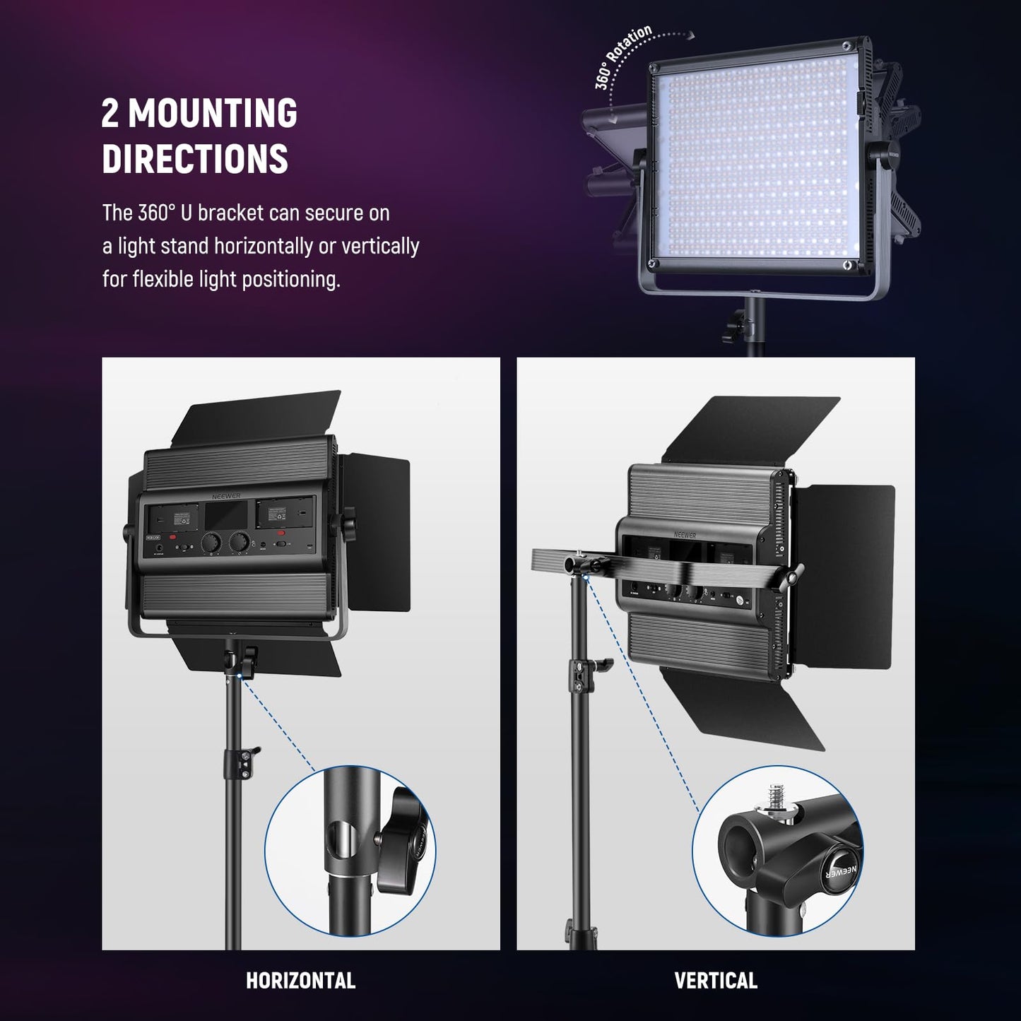 NEEWER 2 Pack Bi Color 660 LED Video Light and Stand Kit: (2) 3200-5600K CRI 96+ Dimmable Light with U Bracket and Barndoor, (2) 75 inches Light Stand for Studio Photography, Video Recording (Black)