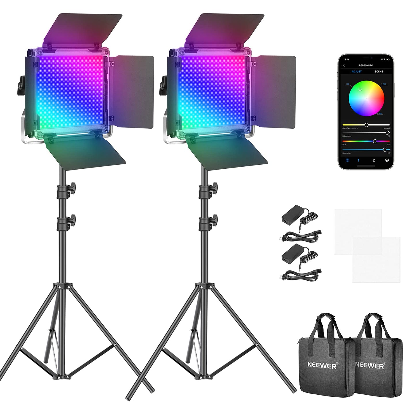 NEEWER 2 Pack Bi Color 660 LED Video Light and Stand Kit: (2) 3200-5600K CRI 96+ Dimmable Light with U Bracket and Barndoor, (2) 75 inches Light Stand for Studio Photography, Video Recording (Black)